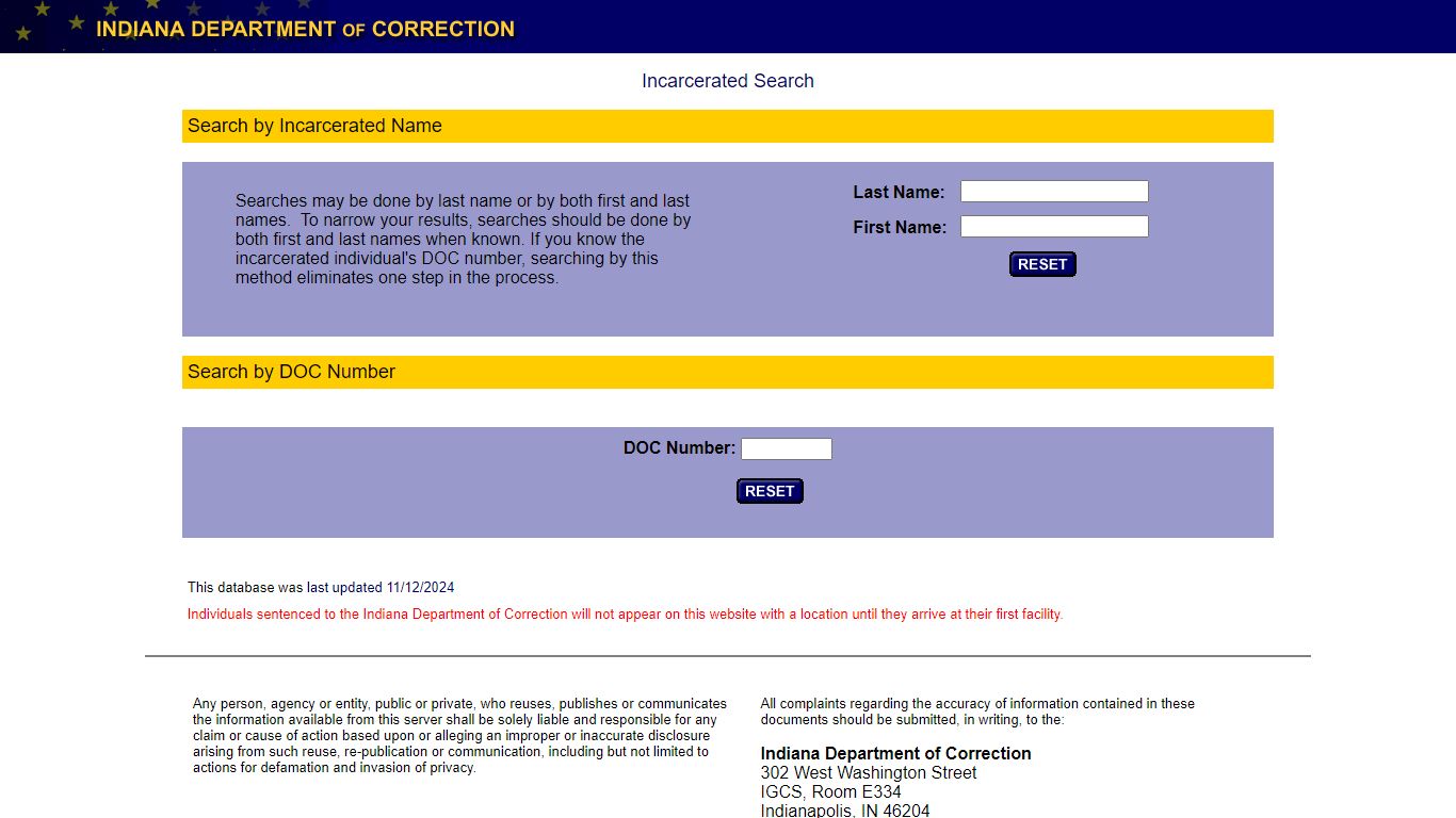 Indiana Incarcerated Database Search - IN.gov